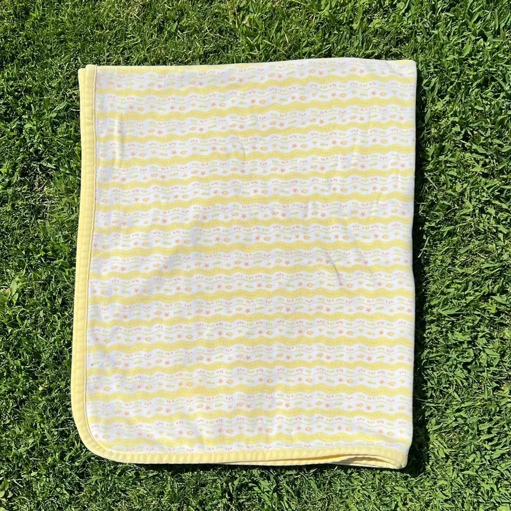 Vintage Gymboree Fish Sea Star Reversible Baby Blanket 90s  Yellow White GUC